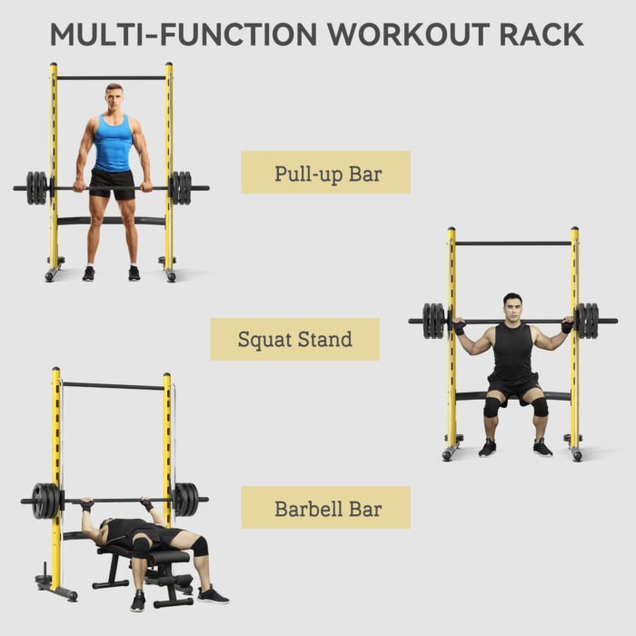 Squat Rack With Pull Up Bar And Barbell Bar Adjustable Bench Press Multi-Function Weight Lifting Half Rack, Yellow - Image 1